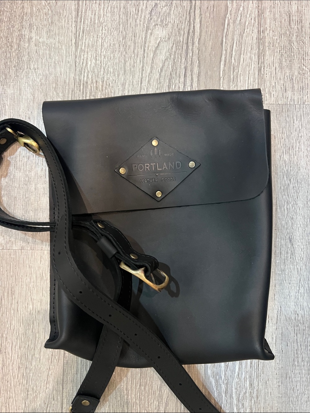 NWOT Portland Leather Black Crossbody Satchel Bag with Brass Accents